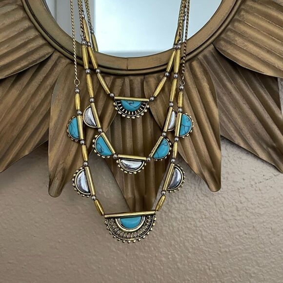 Gold Tone Turquoise Three Tiered Necklace - Picture 12 of 13